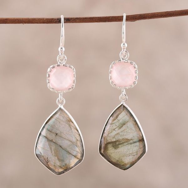 Alternate image for Labradorite and Rose Quartz Dangle Earrings from India Aurora Sophistication