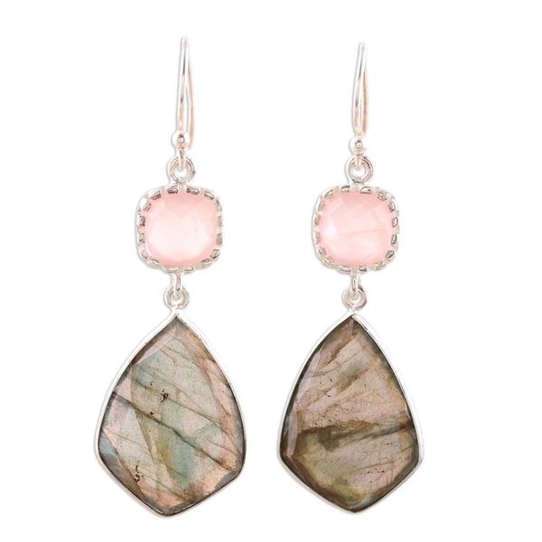 Alternate image for Labradorite and Rose Quartz Dangle Earrings from India Aurora Sophistication