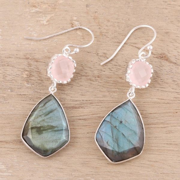 Alternate image for Labradorite and Rose Quartz Dangle Earrings from India Aurora Sophistication