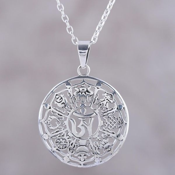 Alternate image for Ashtamangala Flower Sterling Silver Pendant Necklace Floral Ashtamangala