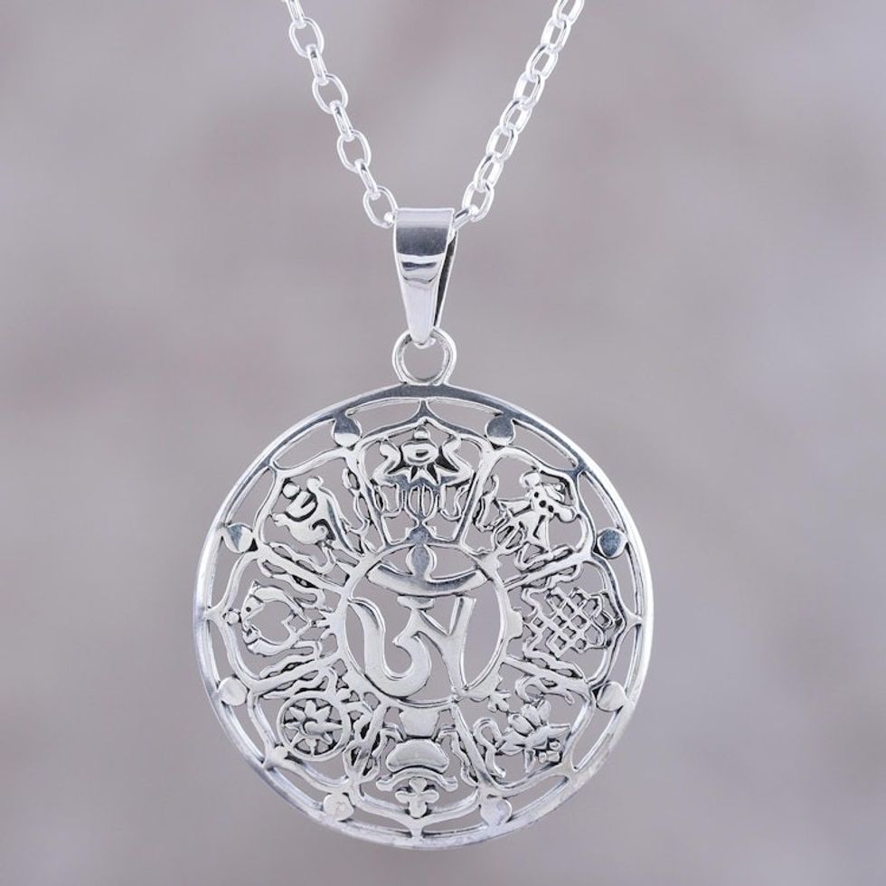 Ashtamangala Flower Sterling Silver Pendant Necklace 'Floral Ashtamangala'