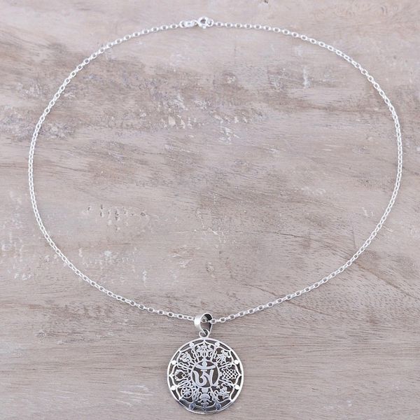 Alternate image for Ashtamangala Flower Sterling Silver Pendant Necklace Floral Ashtamangala