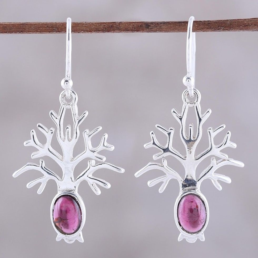 Tree-Shaped Garnet Dangle Earrings from India 'Budding Tree'