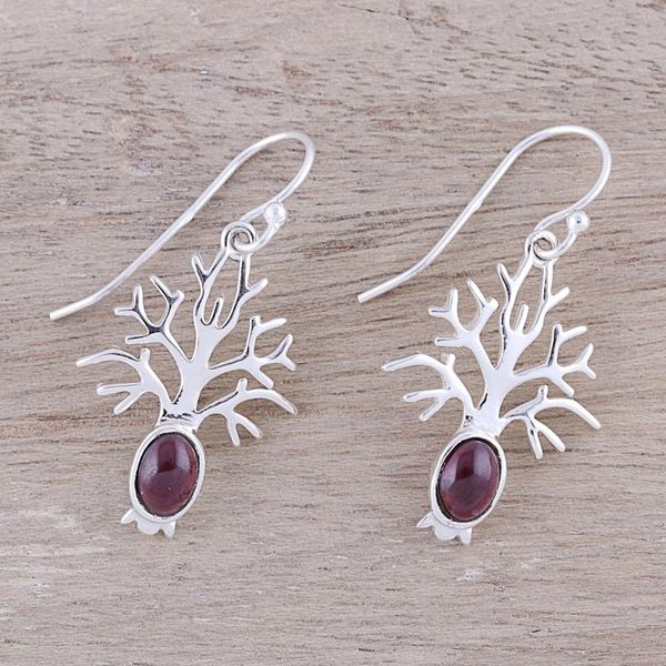 Alternate image for Tree-Shaped Garnet Dangle Earrings from India Budding Tree
