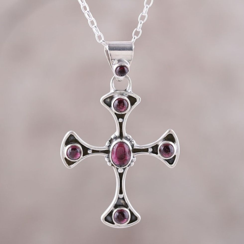 Garnet and Sterling Silver Dot Motif Cross Pendant Necklace 'Beautiful Faith'