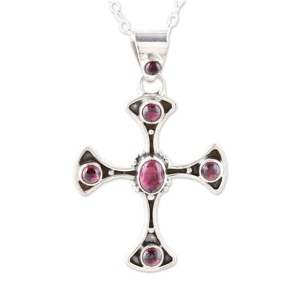 Alternate image for Garnet and Sterling Silver Dot Motif Cross Pendant Necklace Beautiful Faith