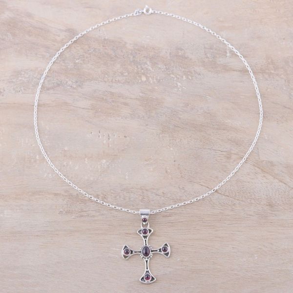 Alternate image for Garnet and Sterling Silver Dot Motif Cross Pendant Necklace Beautiful Faith
