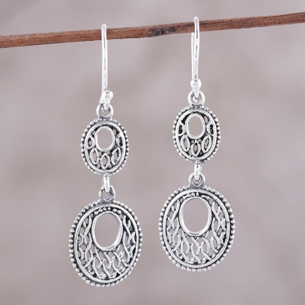 Sterling Silver Double Oval Dangle Earrings from India 'Cascading Ovals'
