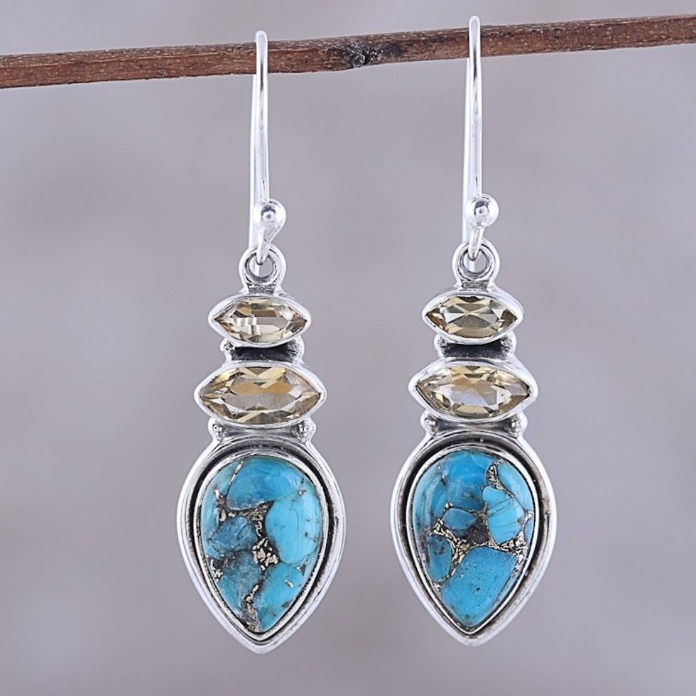 Citrine and Composite Turquoise Dangle Earrings from India 'Gemstone Allure'