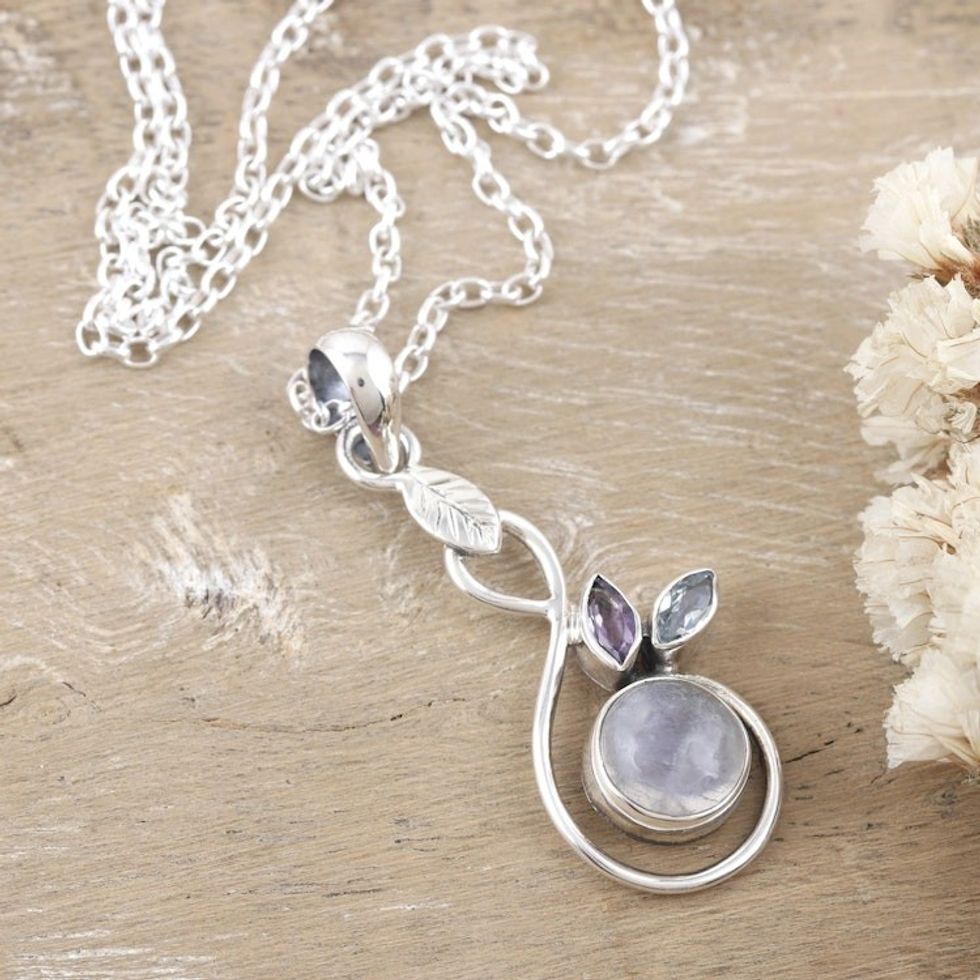 Rainbow Moonstone Blue Topaz Amethyst Pendant Necklace 'Spring Beauty'
