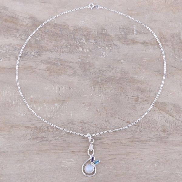 Alternate image for Rainbow Moonstone Blue Topaz Amethyst Pendant Necklace Spring Beauty