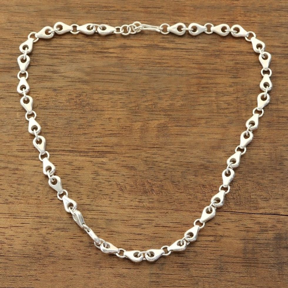 Unisex Sterling Silver Link Necklace Crafted in India 'Rings and Teardrops'