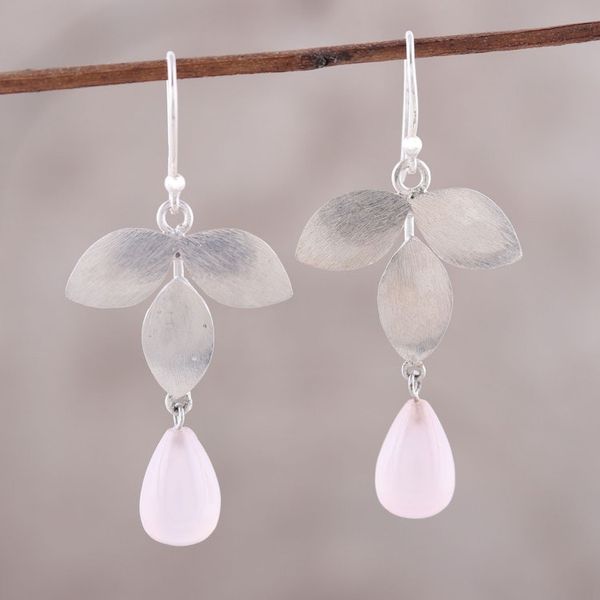 Alternate image for Sterling Silver and Pink Chalcedony Leaf Dangle Earrings Forest Shimmer