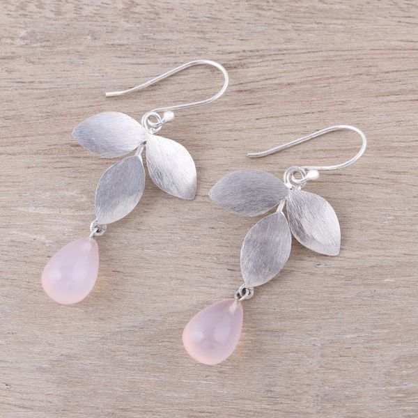 Alternate image for Sterling Silver and Pink Chalcedony Leaf Dangle Earrings Forest Shimmer