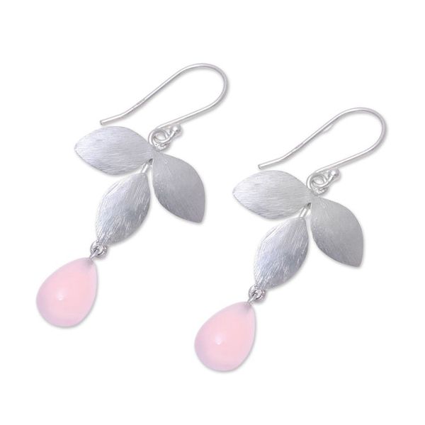 Alternate image for Sterling Silver and Pink Chalcedony Leaf Dangle Earrings Forest Shimmer