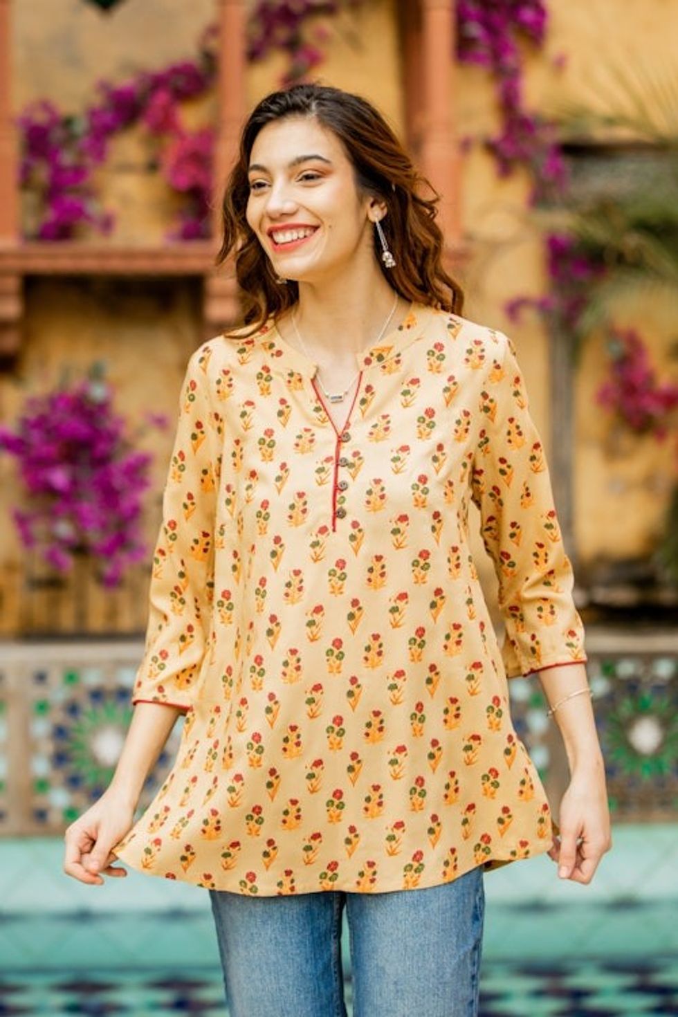 Floral Rayon Tunic in Beige from India 'Beige Blossoms'