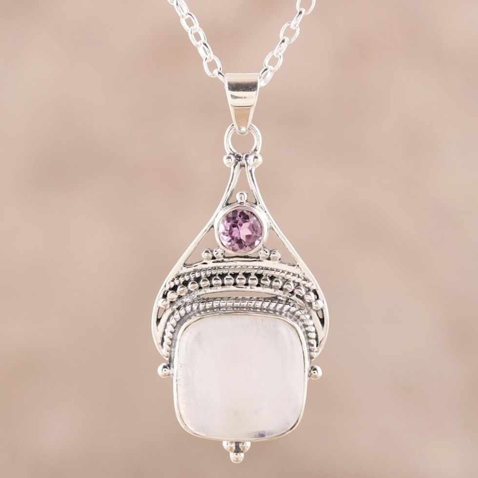 Rainbow Moonstone and Amethyst Pendant Necklace from India 'Undying Elegance'
