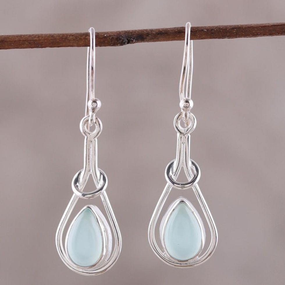 Drop-Shaped Blue Chalcedony Dangle Earrings from India 'Droplet Flair'