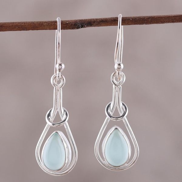 Alternate image for Drop-Shaped Blue Chalcedony Dangle Earrings from India Droplet Flair