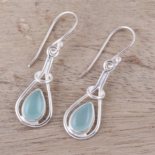 Alternate image for Drop-Shaped Blue Chalcedony Dangle Earrings from India Droplet Flair