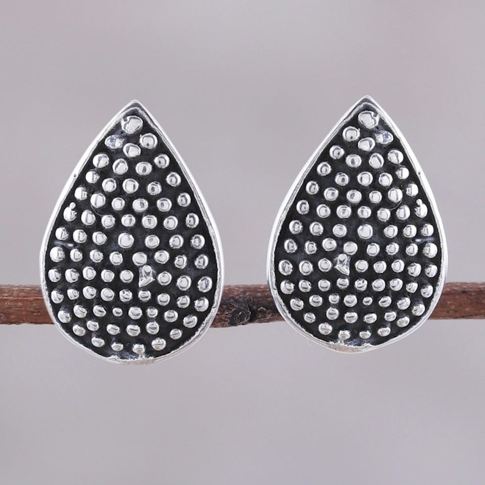 Drop-Shaped Sterling Silver Button Earrings from India 'Gleaming Specks'