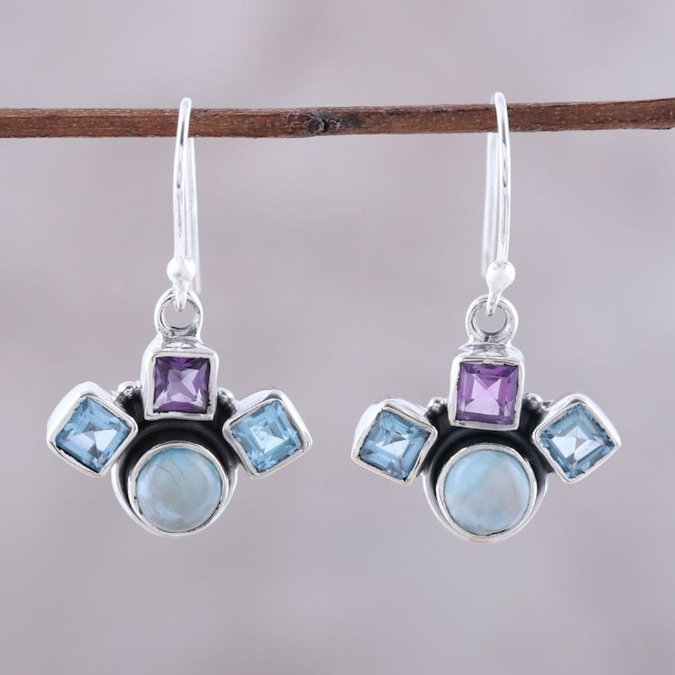 Blue Topaz Amethyst and Larimar Silver Dangle Earrings 'Delightful Glow'