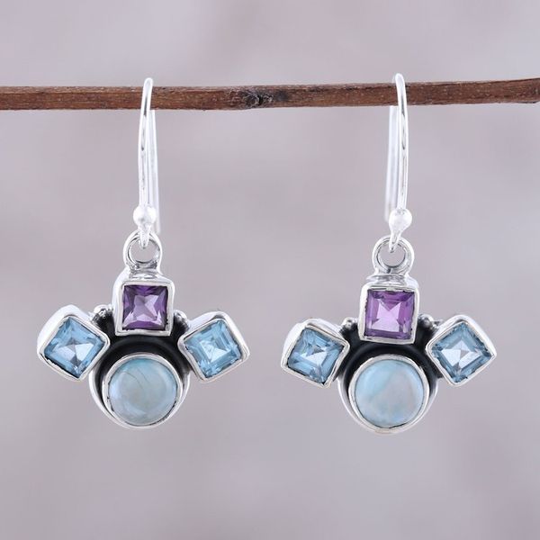 Alternate image for Blue Topaz Amethyst and Larimar Silver Dangle Earrings Delightful Glow