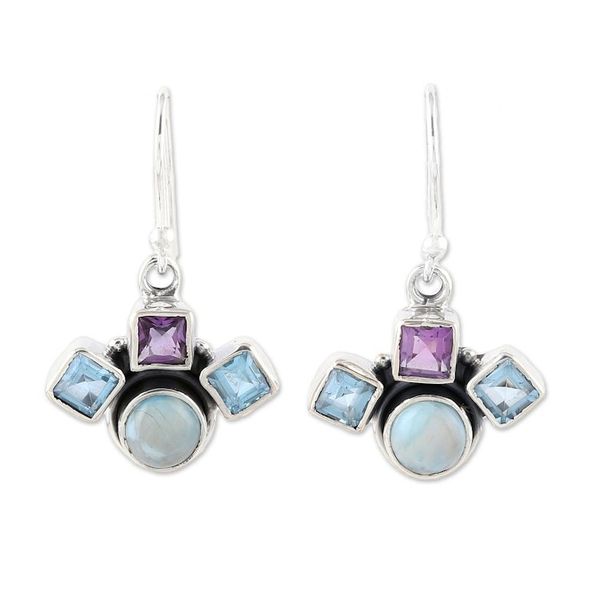 Alternate image for Blue Topaz Amethyst and Larimar Silver Dangle Earrings Delightful Glow