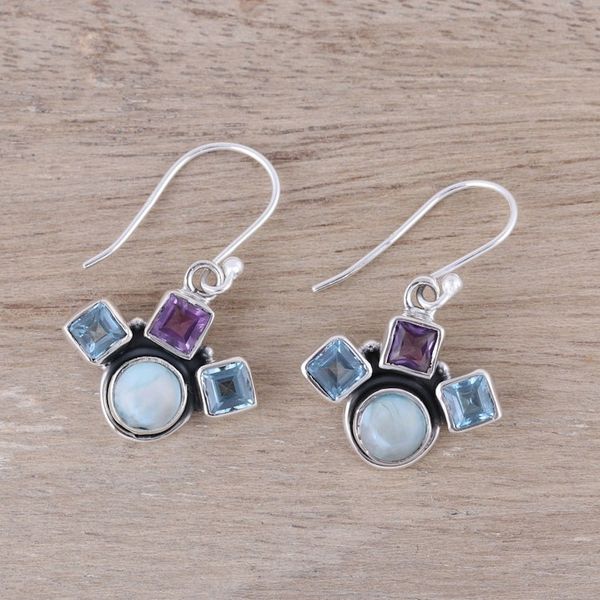 Alternate image for Blue Topaz Amethyst and Larimar Silver Dangle Earrings Delightful Glow