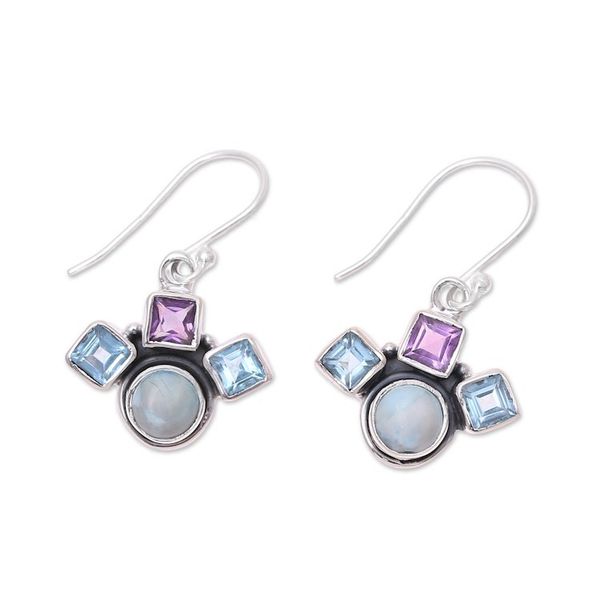 Alternate image for Blue Topaz Amethyst and Larimar Silver Dangle Earrings Delightful Glow