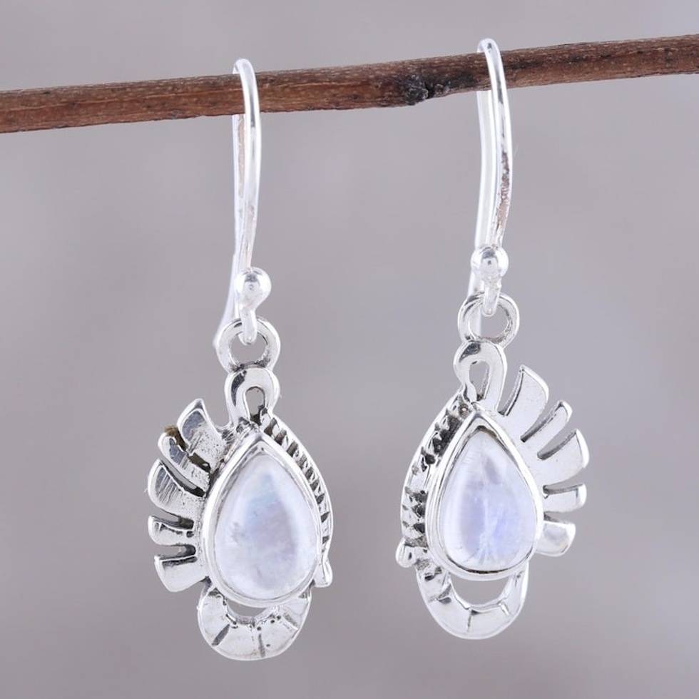 Teardrop Rainbow Moonstone Dangle Earrings Crafted in India 'Feather Bliss'