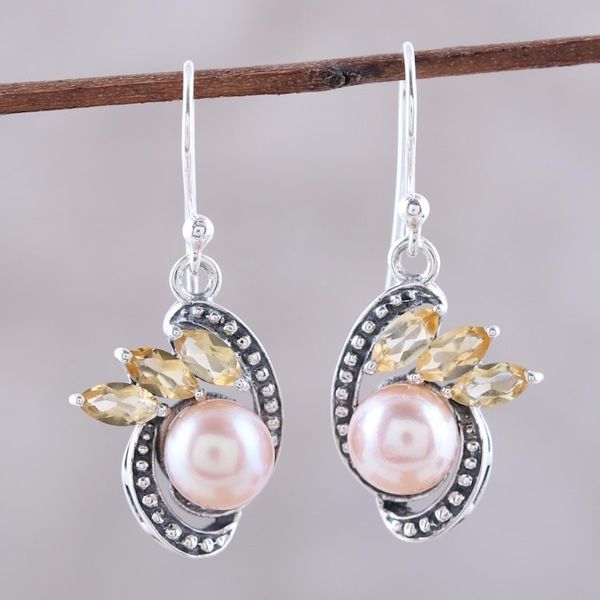 Alternate image for Peach Cultured Pearl and Citrine Dangle Earrings from India Eternal Essence in Peach