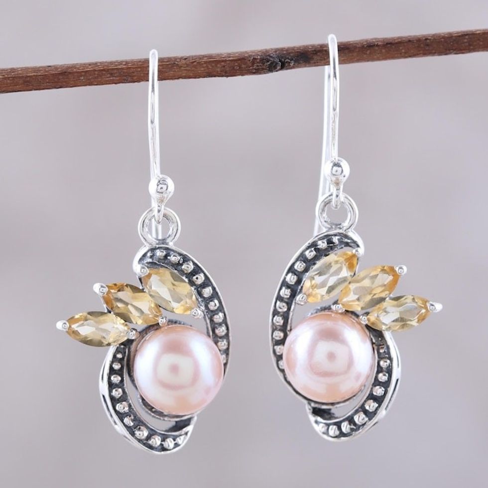 Peach Cultured Pearl and Citrine Dangle Earrings from India 'Eternal Essence in Peach'