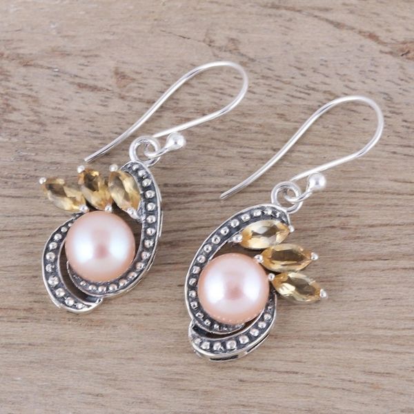 Alternate image for Peach Cultured Pearl and Citrine Dangle Earrings from India Eternal Essence in Peach
