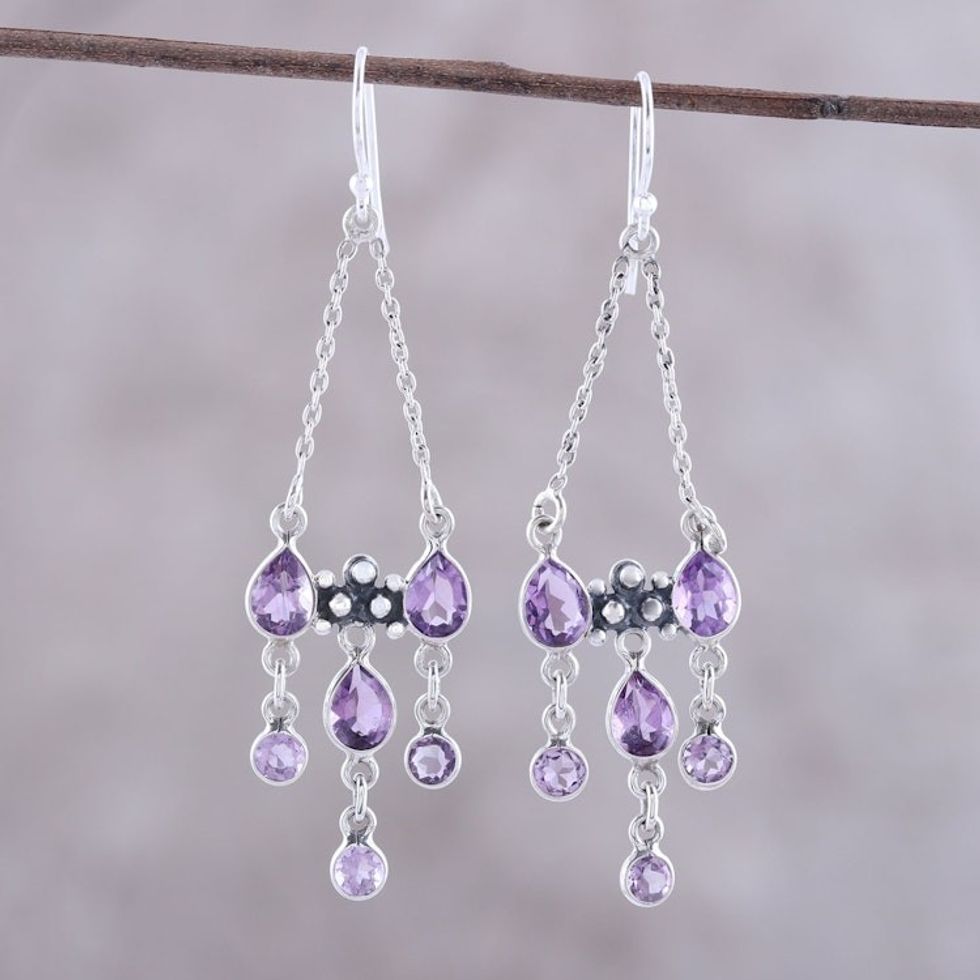 Sterling Silver and Purple Amethyst Chandelier Earrings 'Glittering Dance'