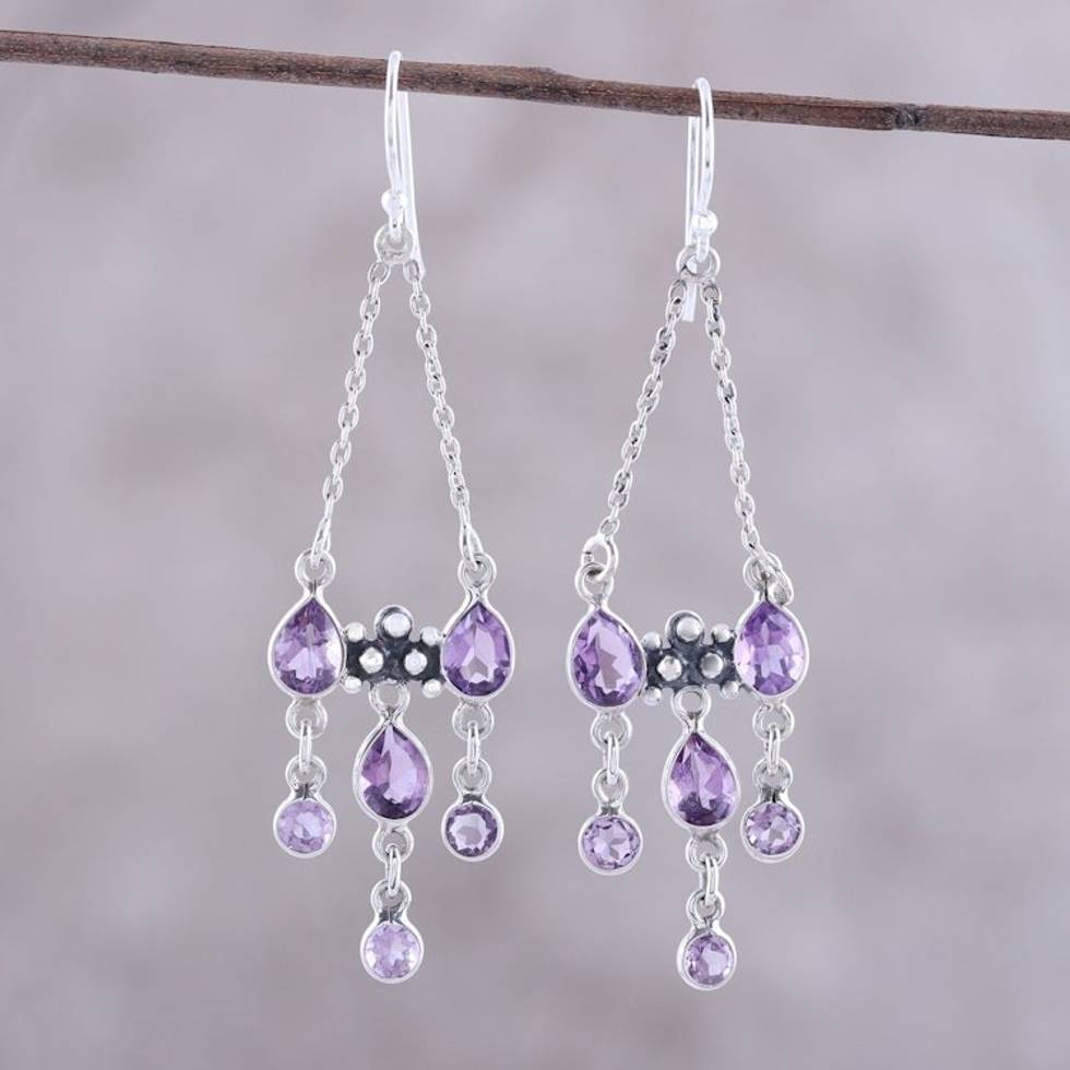 Sterling Silver and Purple Amethyst Chandelier Earrings 'Glittering Dance'