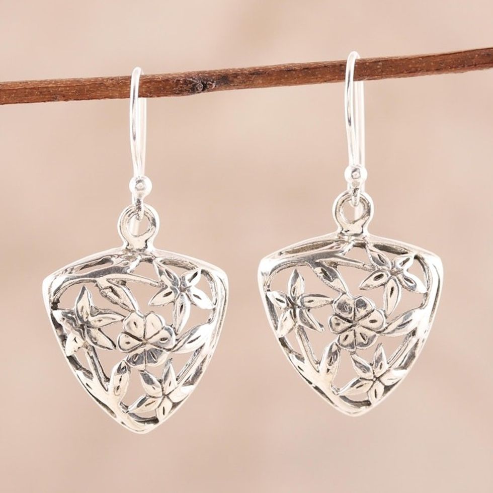 Floral Sterling Silver Dangle Earrings from India 'Floral Triad'