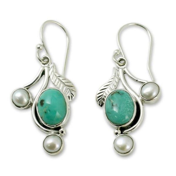 Alternate image for Cultured Pearl and Calcite Dangle Earrings from India Leafy Muse