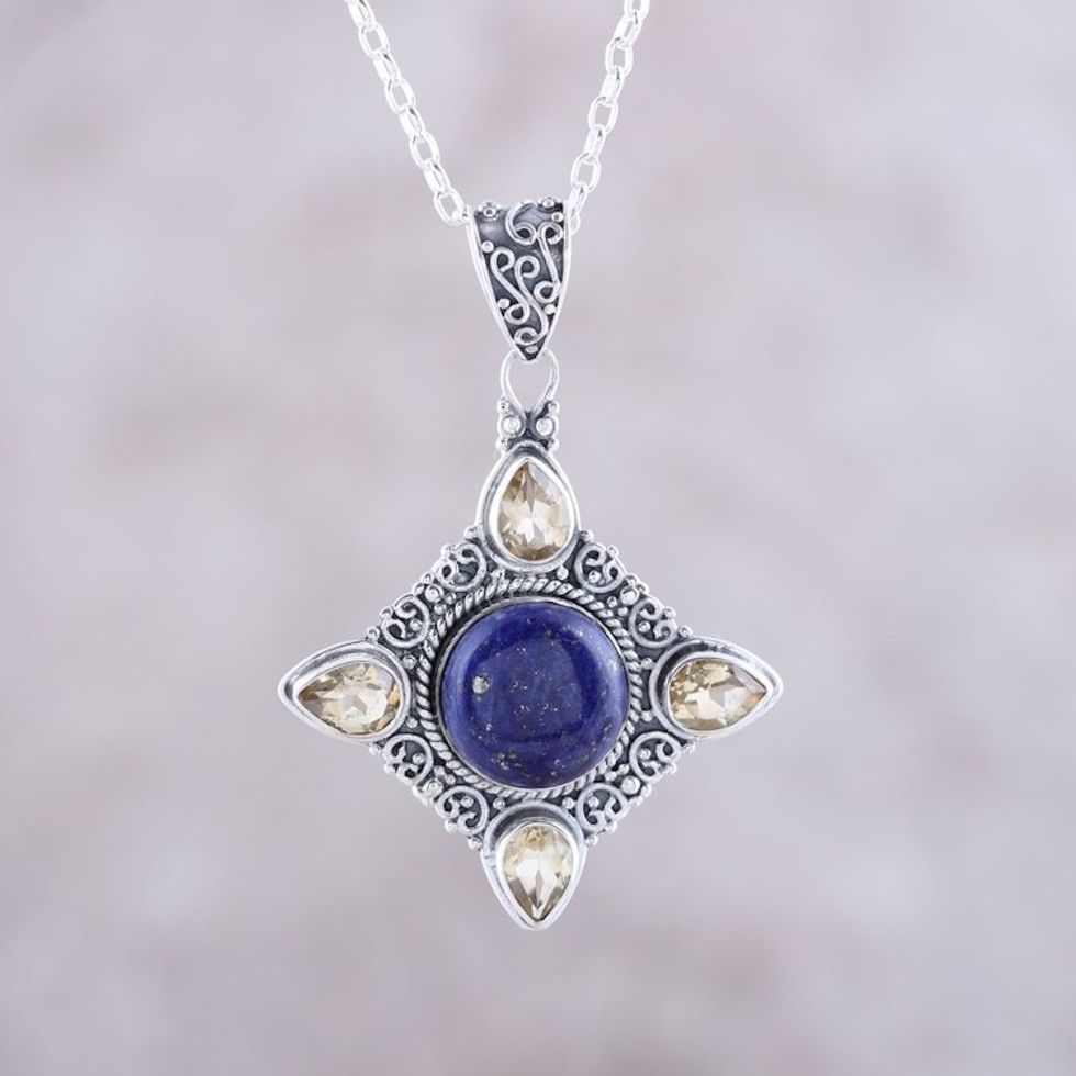 Citrine and Lapis Lazuli Pendant Necklace from India 'Eternal Delight'