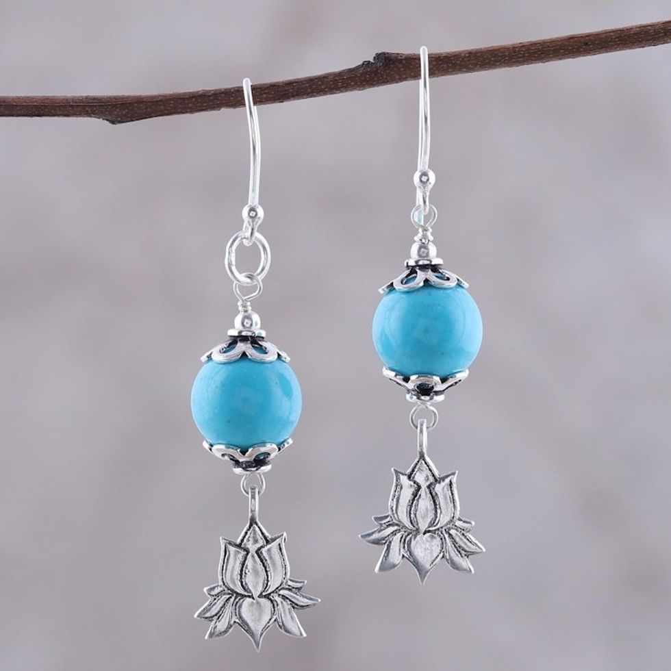Sterling Silver Lotus Flower Dangle Earrings from India 'Lotus Passion'