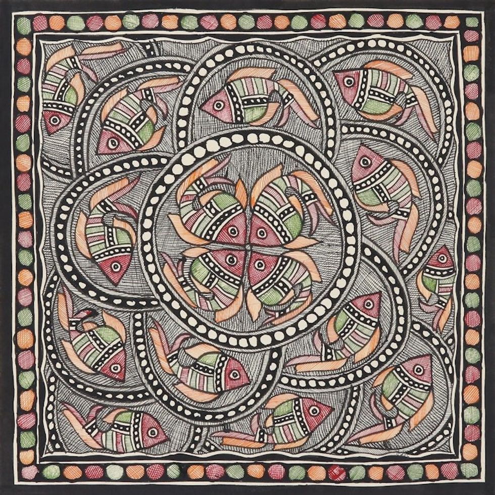 Signed Madhubani Fish Painting from India 'Fish Expedition'
