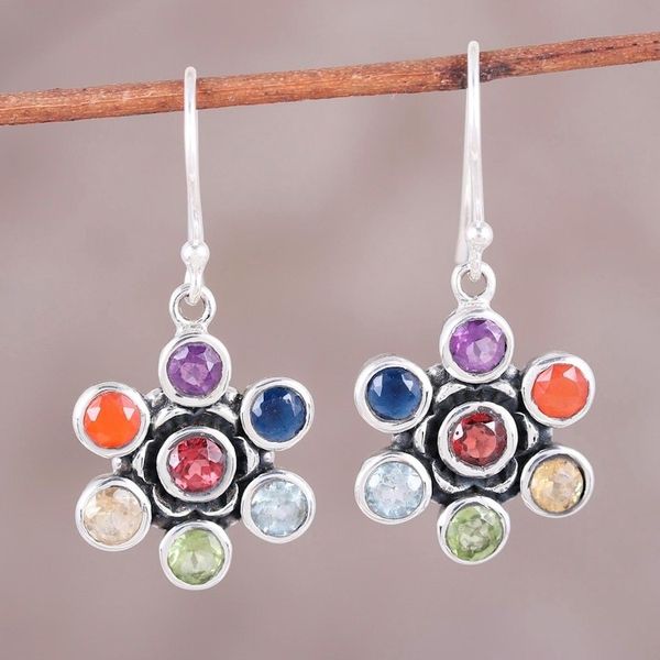 Alternate image for Colorful Multi-Gemstone Floral Chakra Dangle Earrings Floral Balance