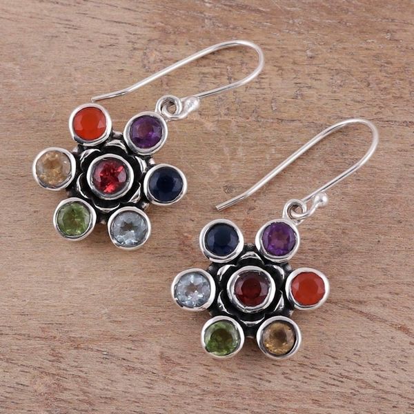 Alternate image for Colorful Multi-Gemstone Floral Chakra Dangle Earrings Floral Balance