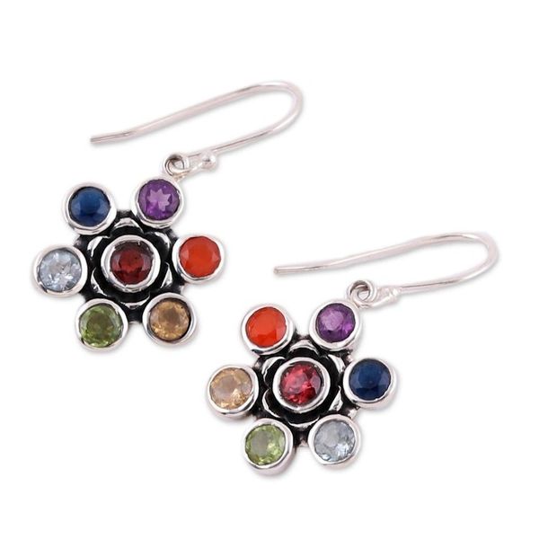 Alternate image for Colorful Multi-Gemstone Floral Chakra Dangle Earrings Floral Balance