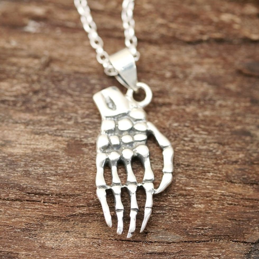 Sterling Silver Skeleton Hand Pendant Necklace from India 'Skeleton Hand'