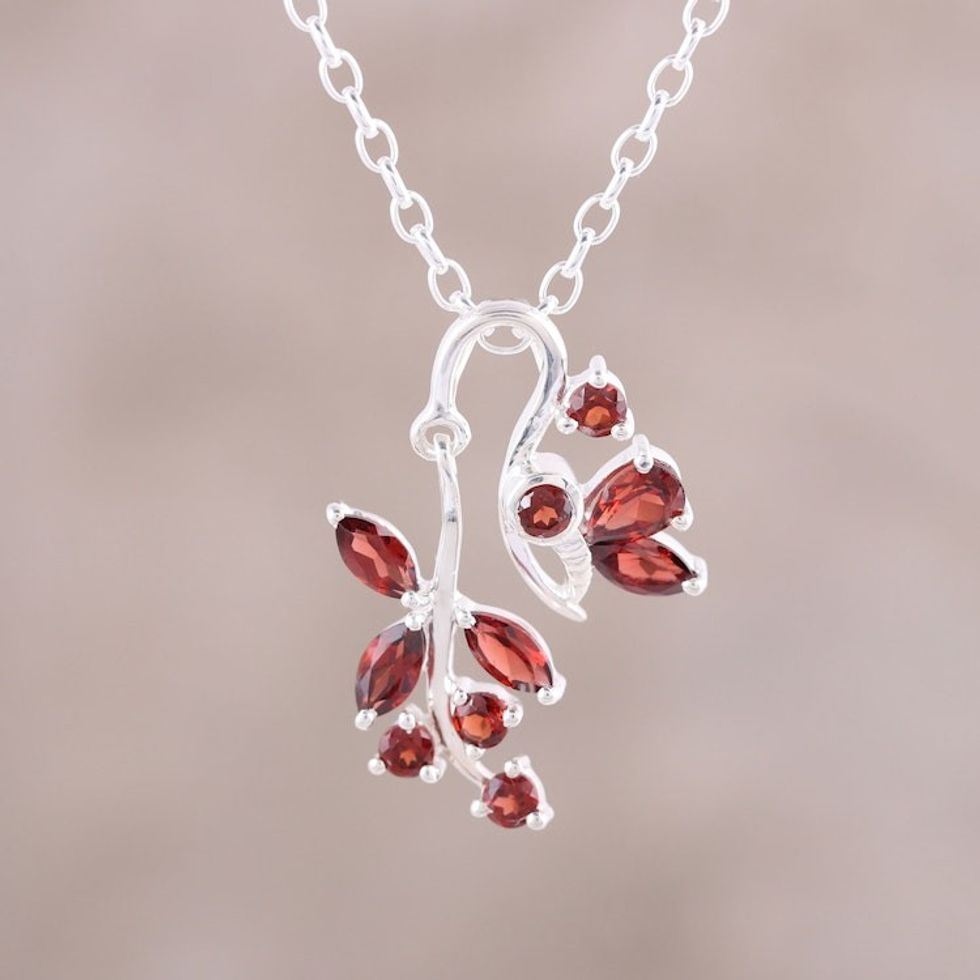 Garnet Sterling Silver Butterfly Flowers Pendant Necklace 'Butterfly Dazzle in Red'