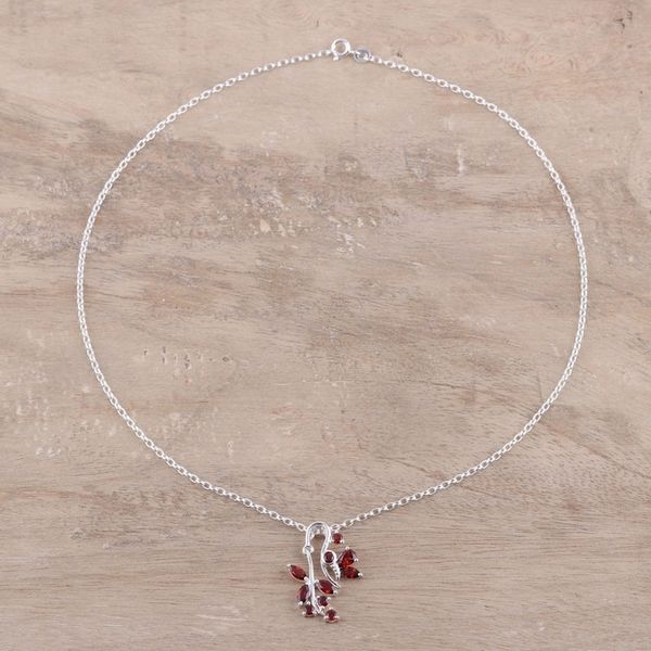 Alternate image for Garnet Sterling Silver Butterfly Flowers Pendant Necklace Butterfly Dazzle in Red