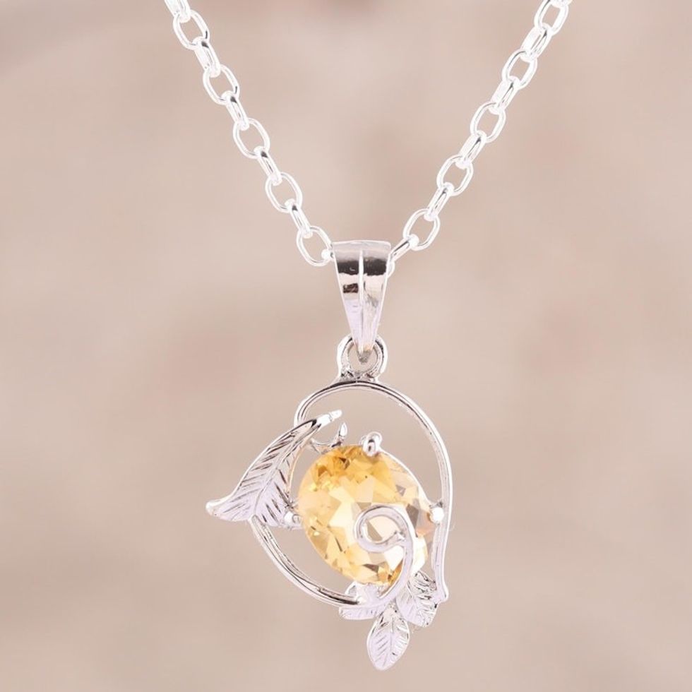 Leaf Pattern Rhodium Plated Citrine Pendant Necklace 'Golden Glimmer'