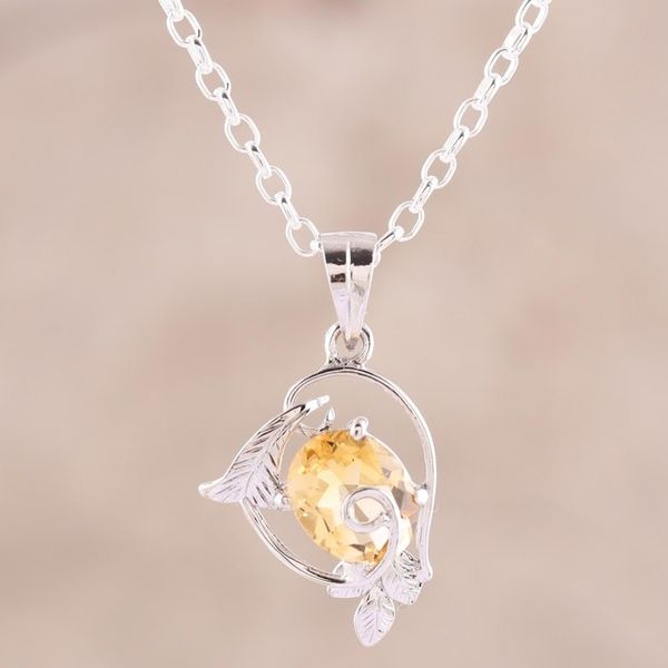 Alternate image for Leaf Pattern Rhodium Plated Citrine Pendant Necklace Golden Glimmer