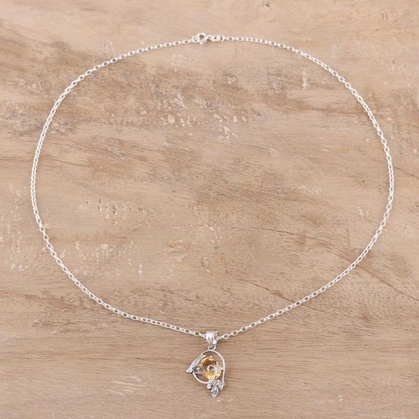 Alternate image for Leaf Pattern Rhodium Plated Citrine Pendant Necklace Golden Glimmer